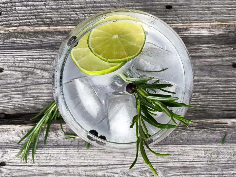 Sussex Gins - top view of Gin and tonic with lime, ice and rosemary