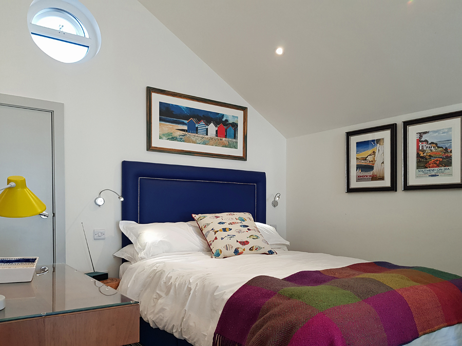 Master bedroom at the Beach Hut Suites, Felpham