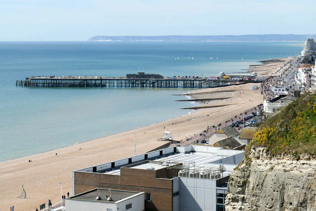 Hastings beach and pier looking down from West Hill, East Sussex