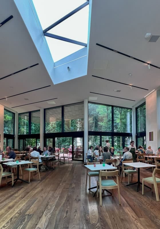 the interior of 24, the cafe at Goodwood Art Foundation. People are dining at small tables, there is a wood floor and a large skylight. Outside is woodland in the background