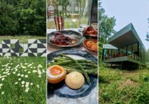 Montage of images of Goodwood Art Foundation in West Sussex. Exhibit in the grounds, food at 24 and 24 the restaurant from the outside