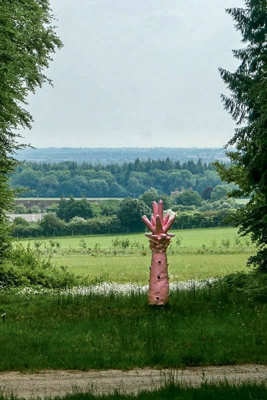 Rose Wylie’s Pale-Pink Pineapple / Bomb in a field of daisies at Goodwood Art Foundation